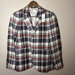 Brooks Brothers Boys Blazer 100% Linen Blue Red Plaid Size 14 Summer Preppy